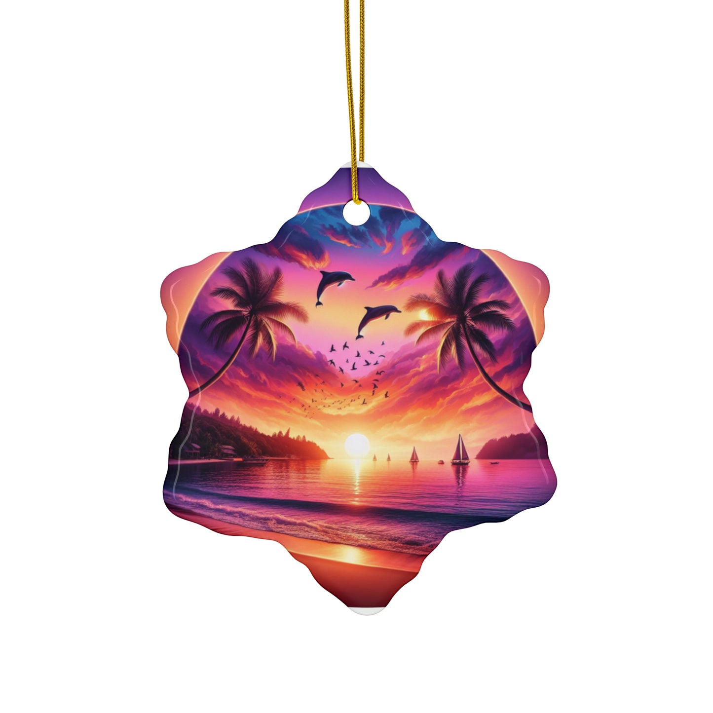 Ceramic Ornament Star, Heart, Snowflake or Circle 1111 "Island Mirage: Sunset Serenity" - Tropical Beach Sunset with Palm Trees, Dolphins, and Sailboats