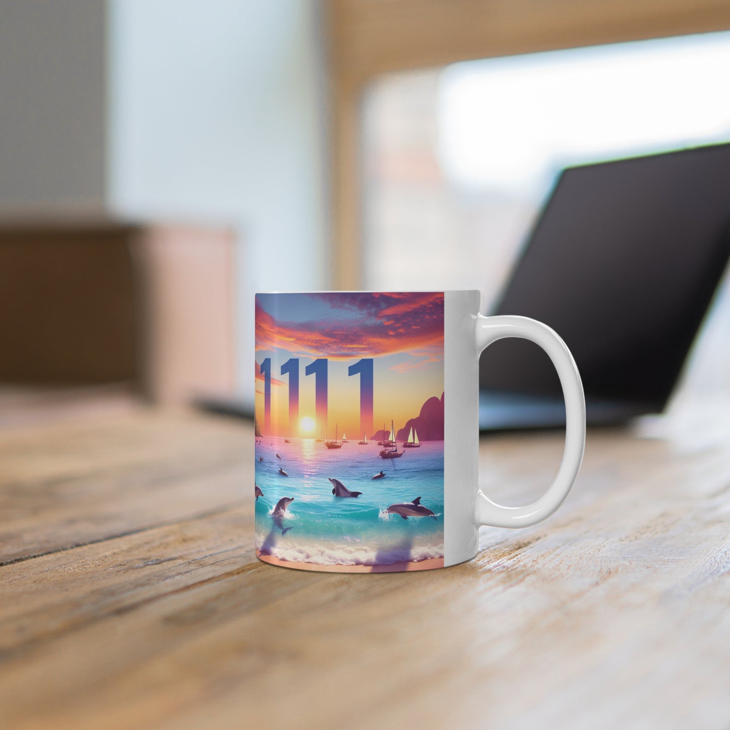 Tropical Dolphin Sunset 11oz Mug, Positive Mindset Reminder, Angel Number 1111, Beach Sailboat Coffee Cup, Goal Visualization Gift, Ocean