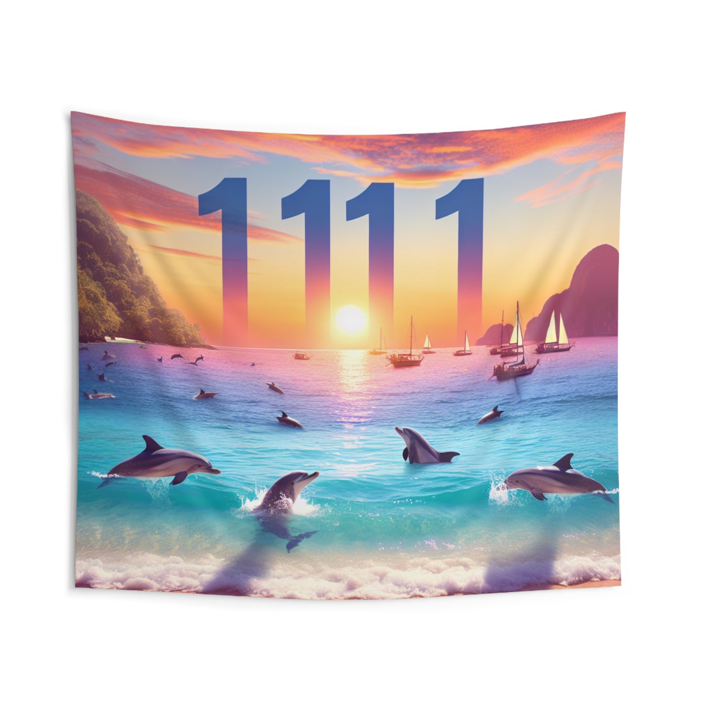 Tropical Beach Dolphin Sailboat Sunset Wall Tapestry with Angel Number 1111, Positive Mindset Reminder, Visualization Goals Gift