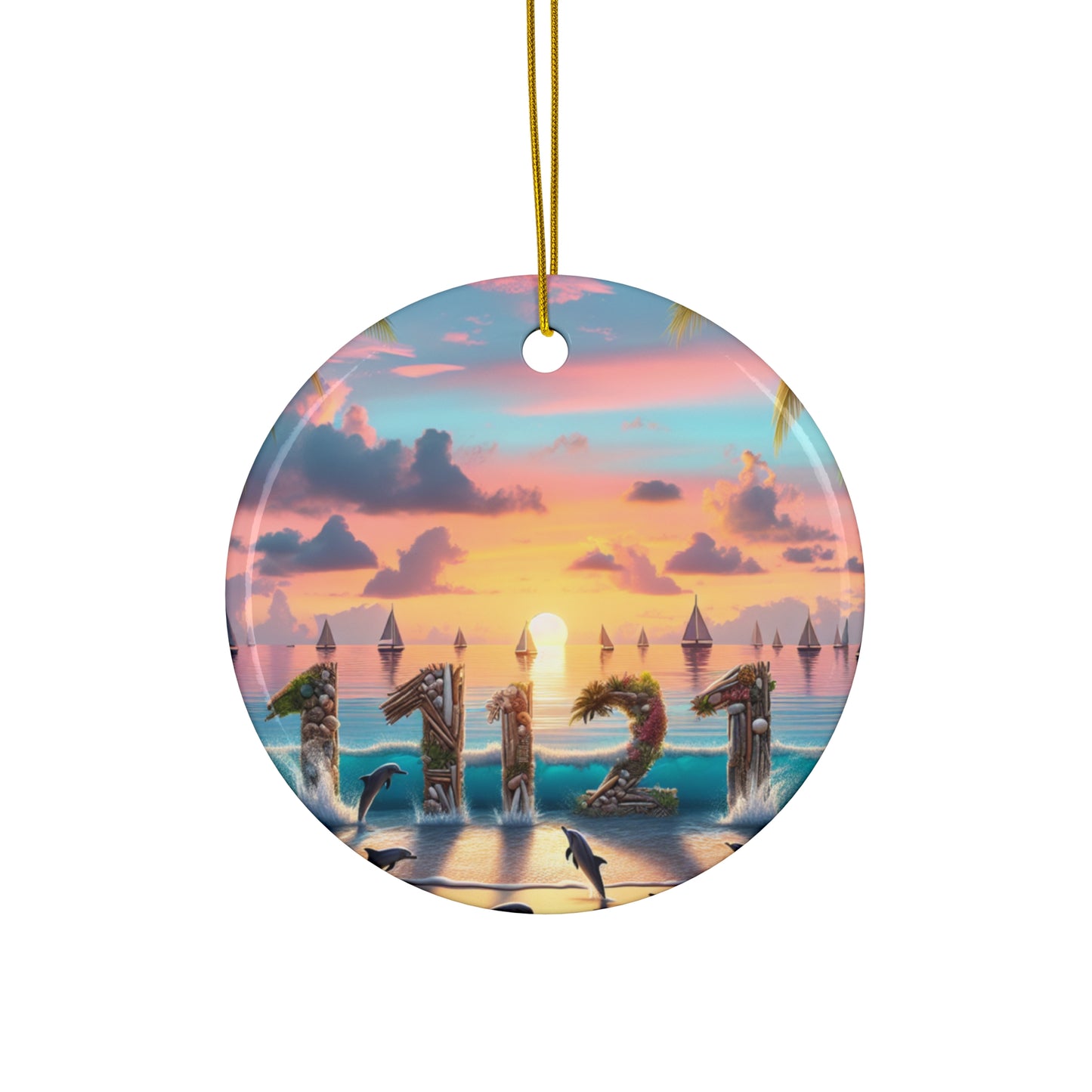 Ceramic Ornament Star, Heart, Snowflake or Circle 1111 "Paradise Twilight: An Ode to Tropical Serenity" - Tropical Beach Sunset with Palm Trees, Dolphins, and Sailboats