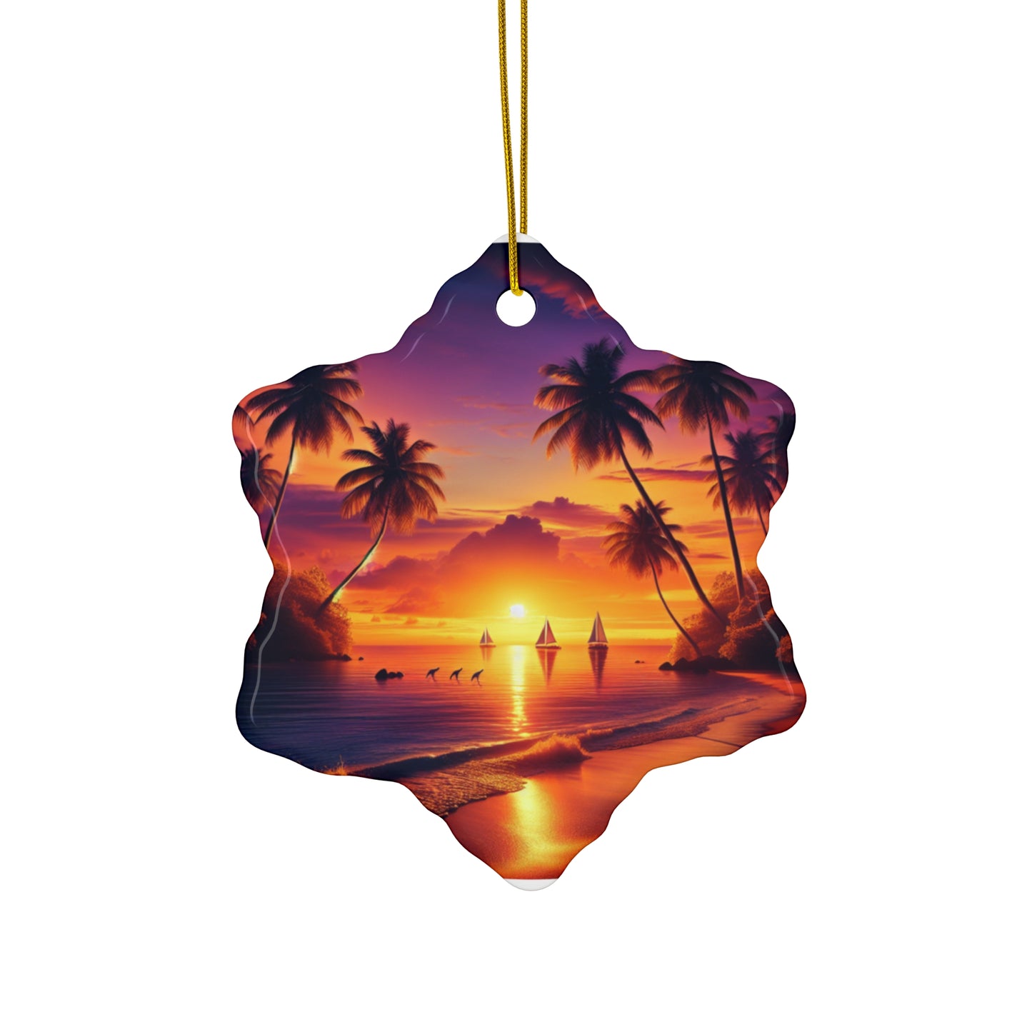 Ceramic Ornament Star, Heart, Snowflake or Circle 1111 "Paradise Twilight: An Exotic Escape in Colors" - Tropical Beach Sunset with Palm Trees, Dolphins, and Sailboats