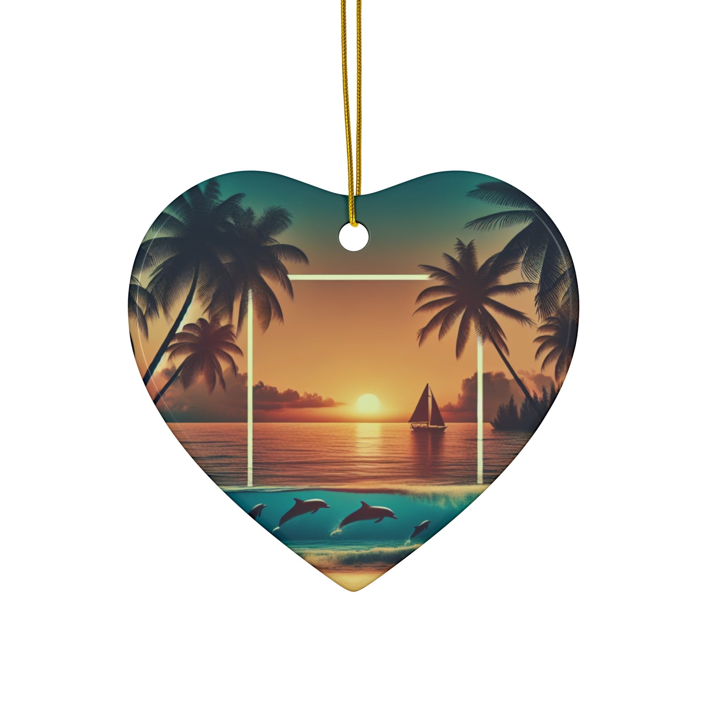 Ceramic Ornament Star, Heart, Snowflake or Circle 1111 "Sunkissed Serenity: Tropical Beach Sunset" - Tropical Beach Sunset with Palm Trees, Dolphins, and Sailboats