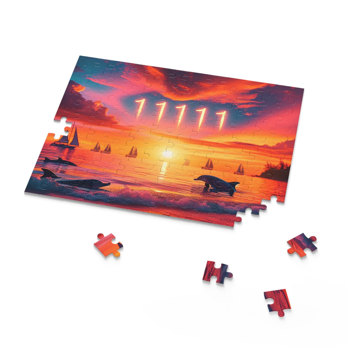 Jigsaw Puzzle, Tropical Beach Sunset Dolphins Sailboats 11111, Mindful Intentions Reminder, Positive Mindset, Visualize Goals, Affirm