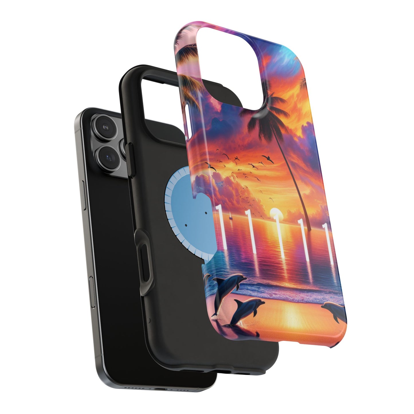 Magnetic Iphone 13-16 Pro and Max 1111 "Paradise At Dusk - A Tropical Serenity" - Tough Phone Case with Tropical Beach Sunset Dolphins ande Sailboats HD Art