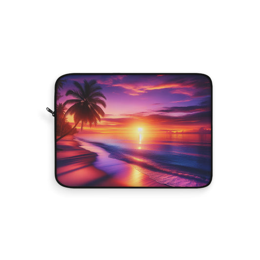 "Paradise Dusk: An Island Sunset Symphony" - Laptop Sleeve with Tropical Beach Sunset with Palm Trees Art