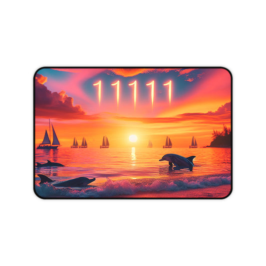 Desk Mat, Tropical Beach Sunset Dolphins Sailboats Angel Number 11111 Positive Mindset Reminder, Ocean Seaside Hanging Art, Spiritual Journey