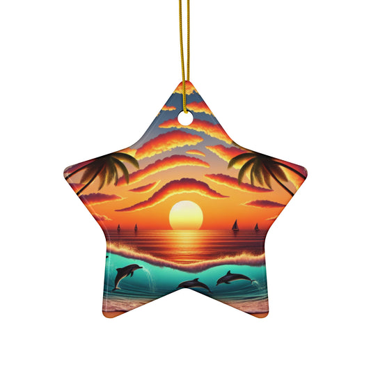 Ceramic Ornament, Tropical Beach Sunset, Star Heart Snowflake Circle, Paradise Embrace, Dolphins Sailboats Palm Trees, Christmas Tree