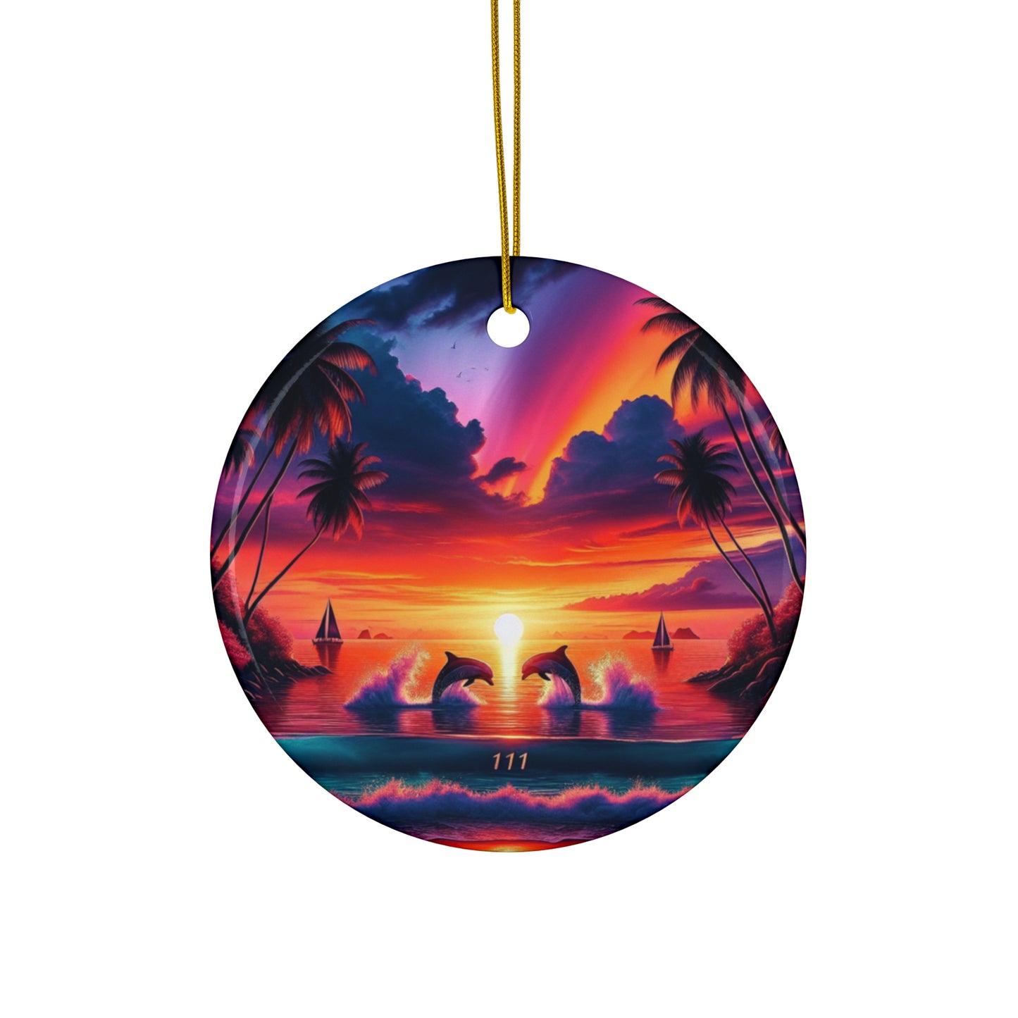 Ceramic Ornament Star, Heart, Snowflake or Circle 1111 "Paradise Bliss: An Exotic Sunset Symphony" - Tropical Beach Sunset with Palm Trees