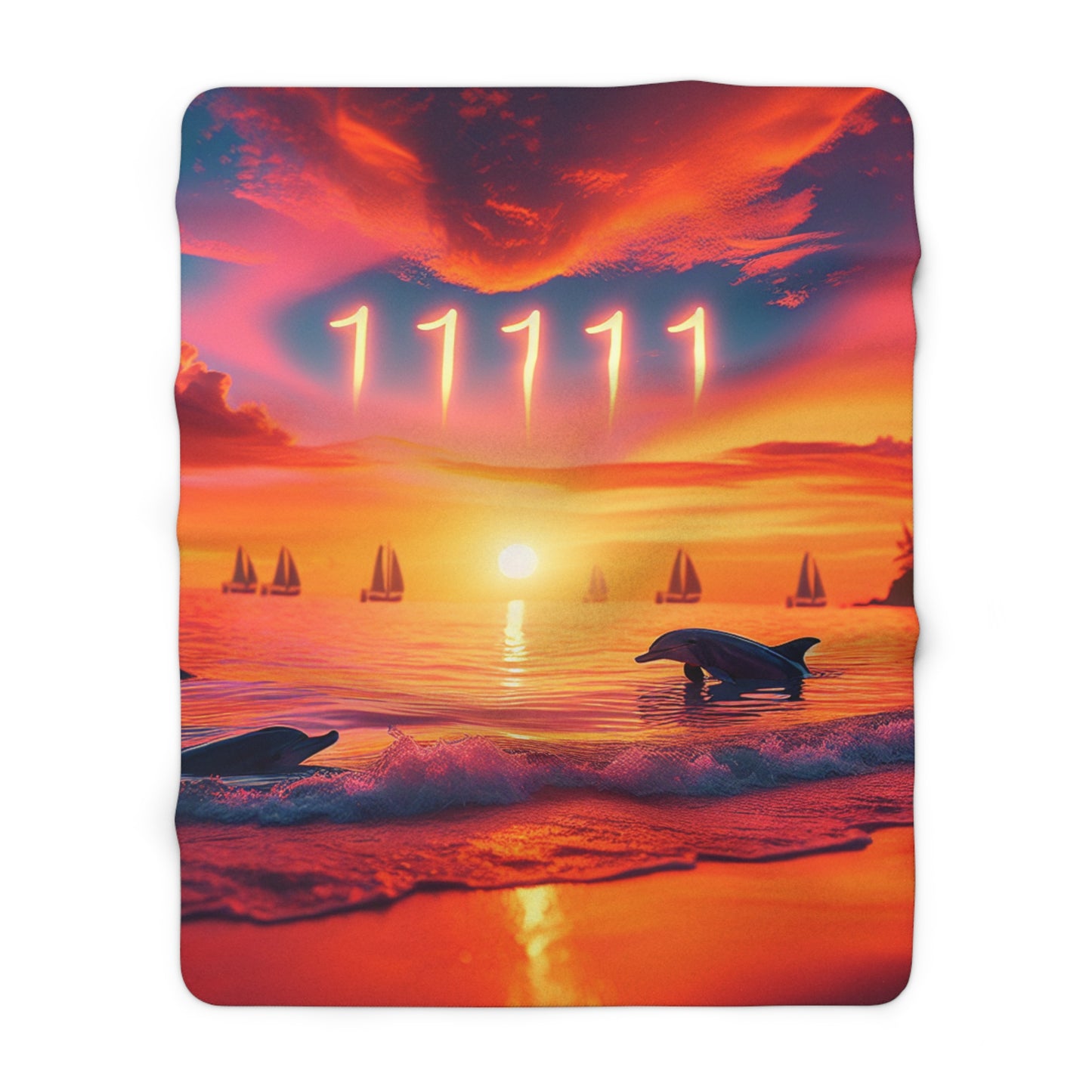 Sherpa Fleece Blanket -Angel Number 11111 Tropical Beach Sunset with Dolphins, Palm Trees, Sailboats, Spiritual Journey Gifts, Trust in