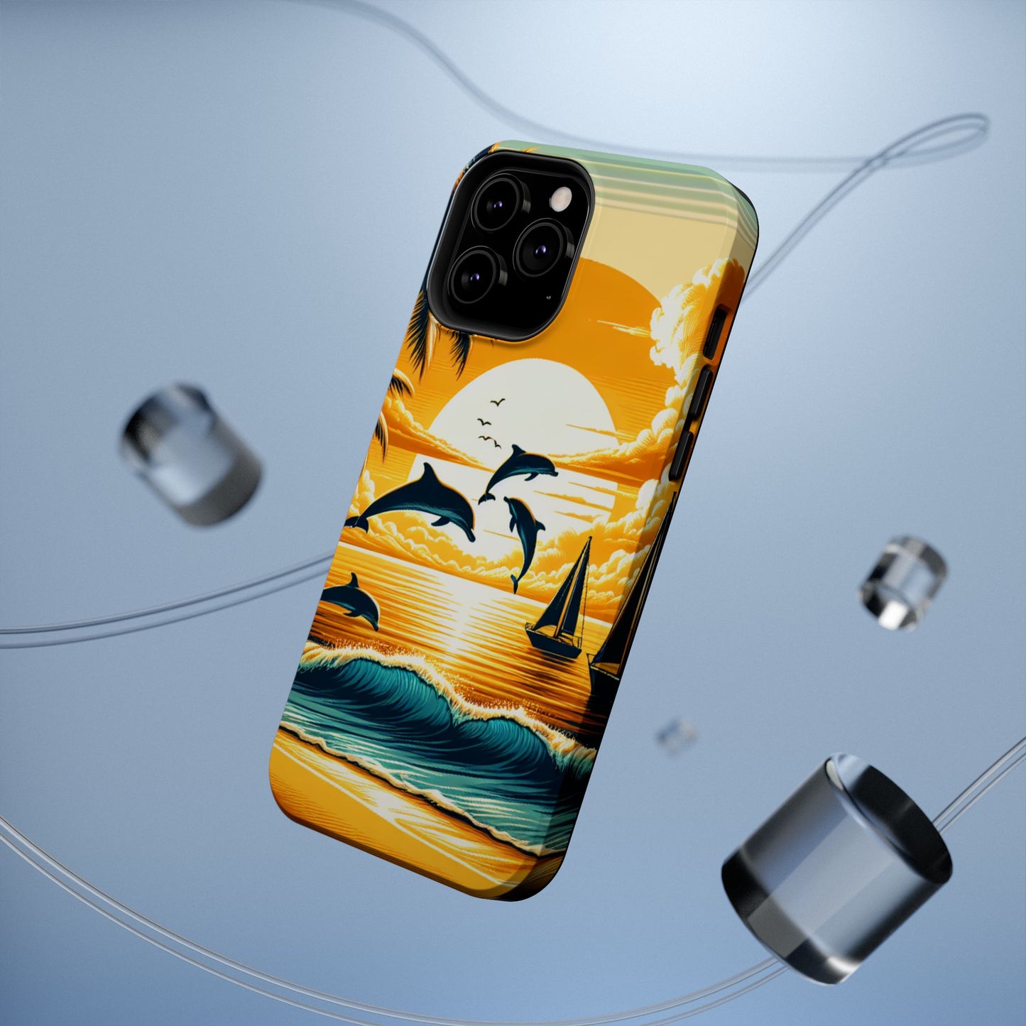 Magnetic Tough Phone case for phone 16 15 14 13 Pro Plus and Max 1111 "Sundrenched Serenity: An Enchanting Tropical Sunset" - Tough Phone Case with Tropical Beach Sunset Dolphins ande Sailboats HD Art