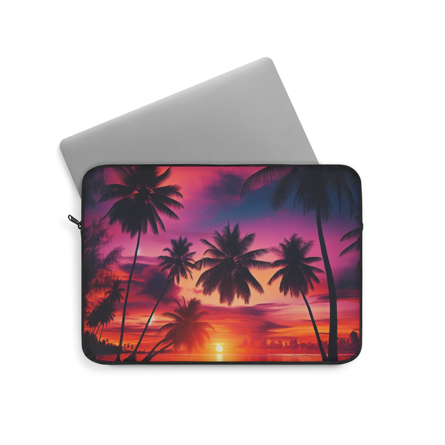 "Paradise Bliss: Tropical Sunset Serenade" - Laptop Sleeve with Tropical Beach Sunset with Palm Trees Art