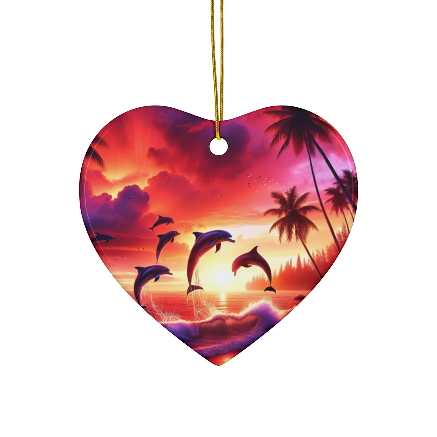 Ceramic Ornament Star, Heart, Snowflake or Circle 1111 "Paradise Dream: A Serene Tropical Sundown" - Tropical Beach Sunset with Palm Trees, Dolphins, and Sailboats