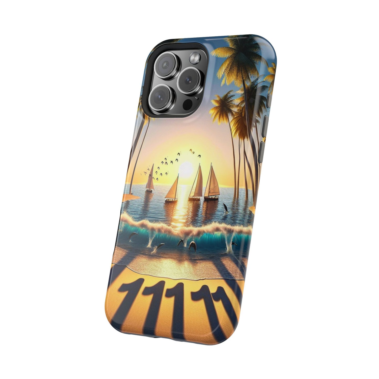 Magnetic Iphone 13-16 Pro and Max 1111 "Serene Sunset: A Tropical Paradise" - Tough Phone Case with Tropical Beach Sunset Dolphins ande Sailboats HD Art