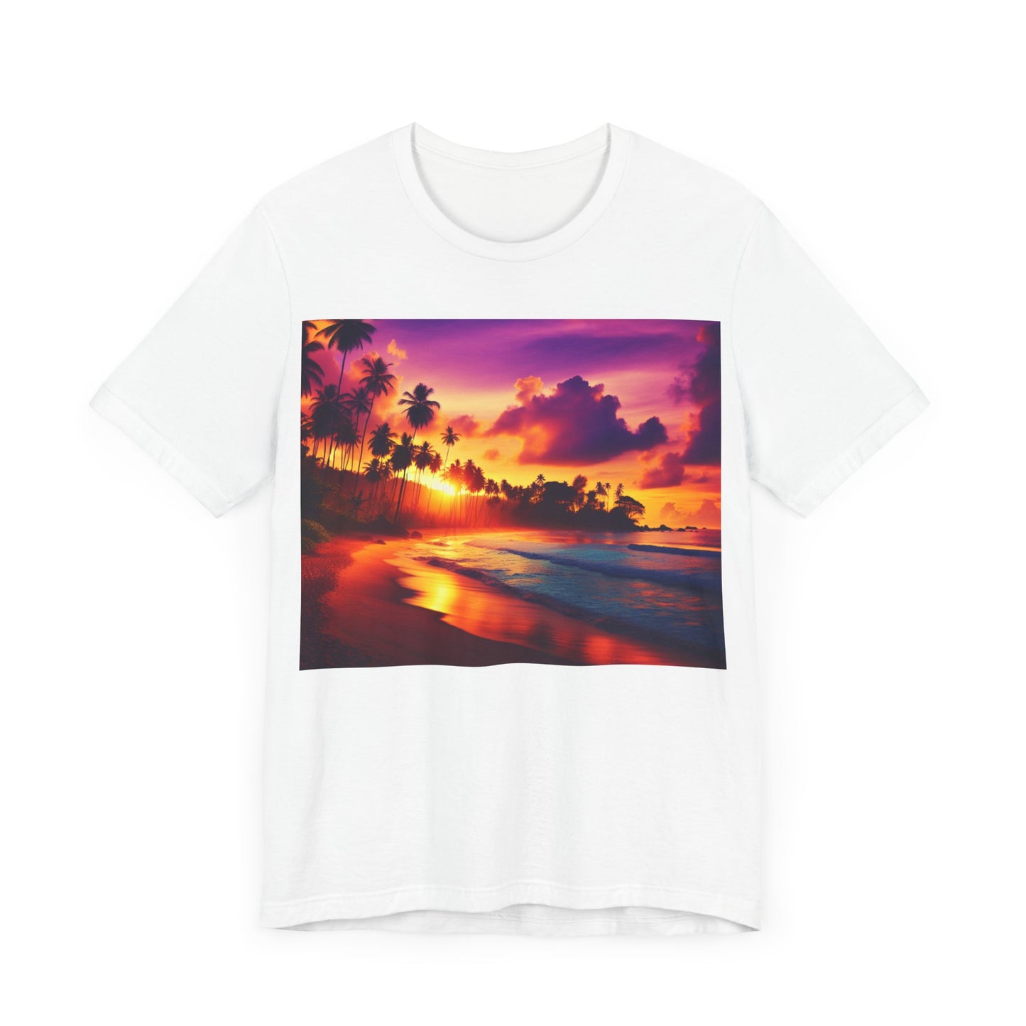 "Paradise Twilight: A Tropic Beach Sunset Symphony" - Tropical Beach Sunset with Palm Trees Unisex Tee