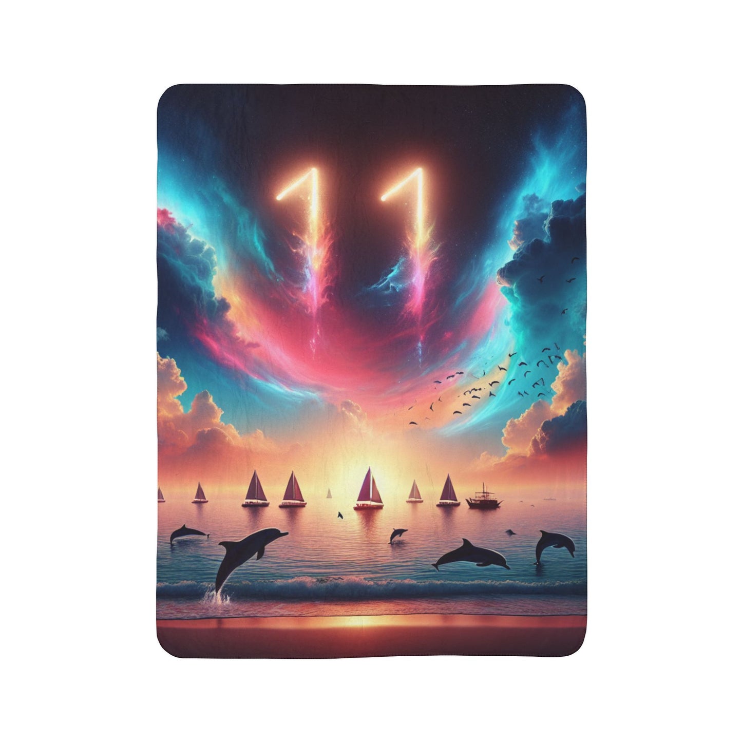 Sherpa Fleece Blanket 1111 "Serene Harmony: Tropical Twilight Symphony 1111" -  with Tropical Beach Sunset, Palm Trees, Dolphins, and Sailboats