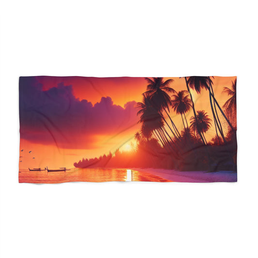 "Serene Paradise: A Tropical Sunset Symphony" - Tropical Beach Sunset with Palm Trees Beach Towel