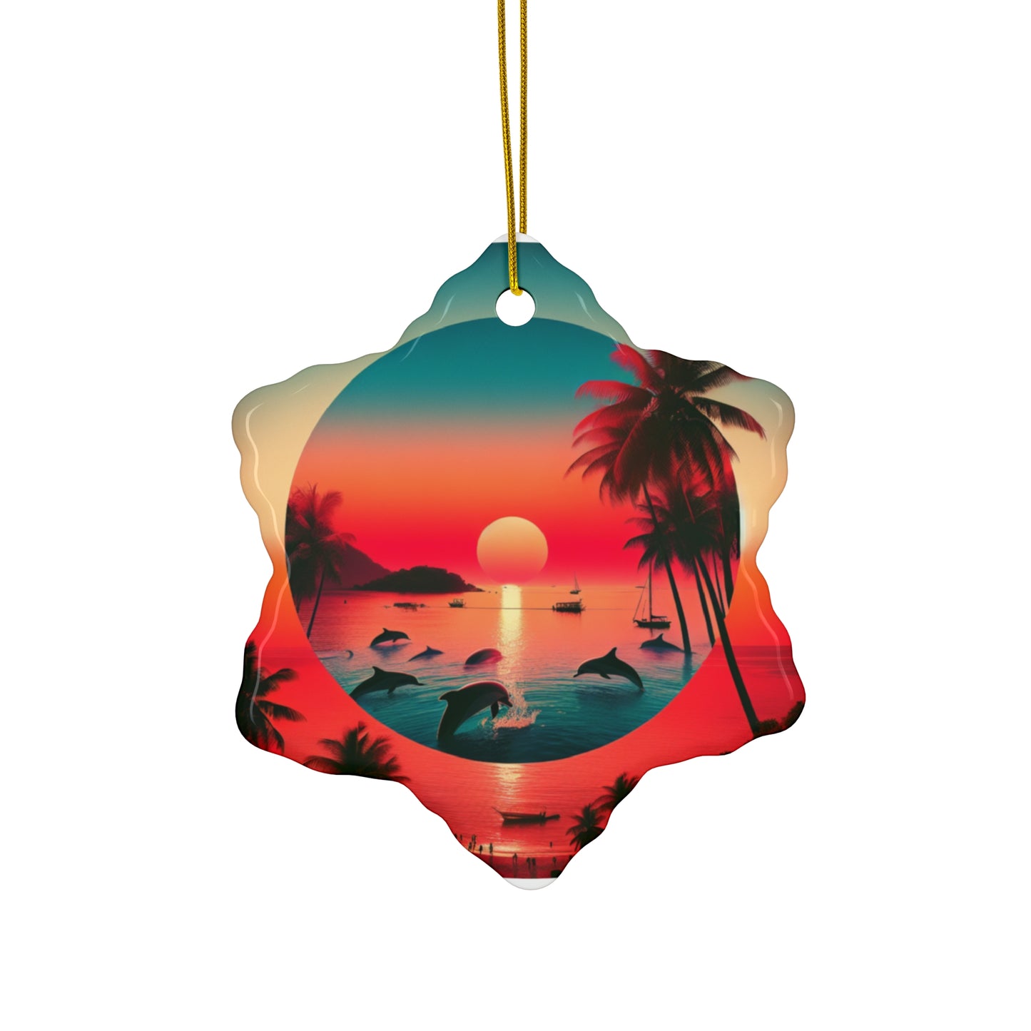Ceramic Ornament Star, Heart, Snowflake or Circle 1111 "Paradise Solstice: An Enchanting Tropical Twilight" - Tropical Beach Sunset with Palm Trees, Dolphins, and Sailboats