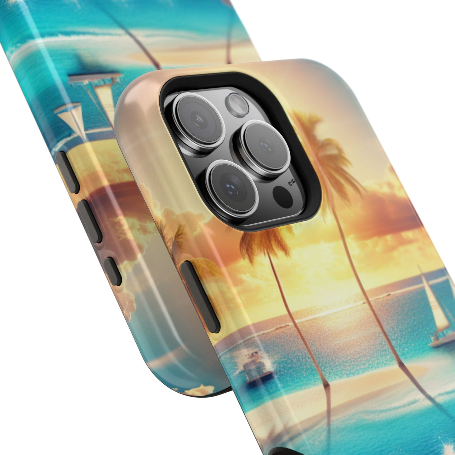 Magnetic Iphone 16 15 14 13 Pro and Max 1111 "Tropical Solitude: Sundown Serenity" - Tough Phone Case with Tropical Beach Sunset Dolphins ande Sailboats HD Art