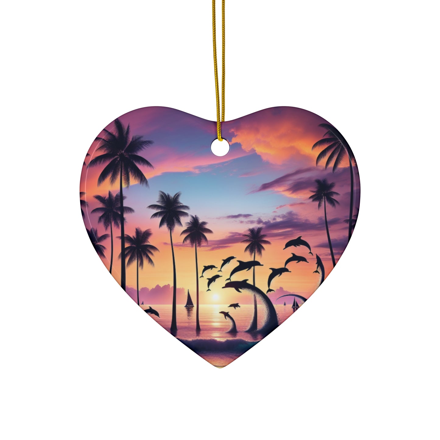 Ceramic Ornament Star, Heart, Snowflake or Circle 1111 "Paradise's Embrace: A Tropical Twilight Symphony" - Tropical Beach Sunset with Palm Trees, Dolphins, and Sailboats