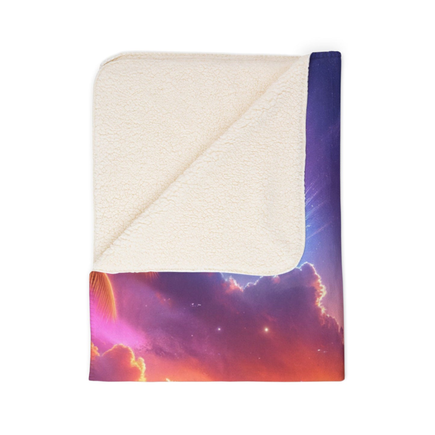 Sherpa Fleece Blanket 1111 "Serene Haven: An 1111 Angelic Sunset Symphony" -  with Tropical Beach Sunset, Palm Trees, Dolphins, and Sailboats