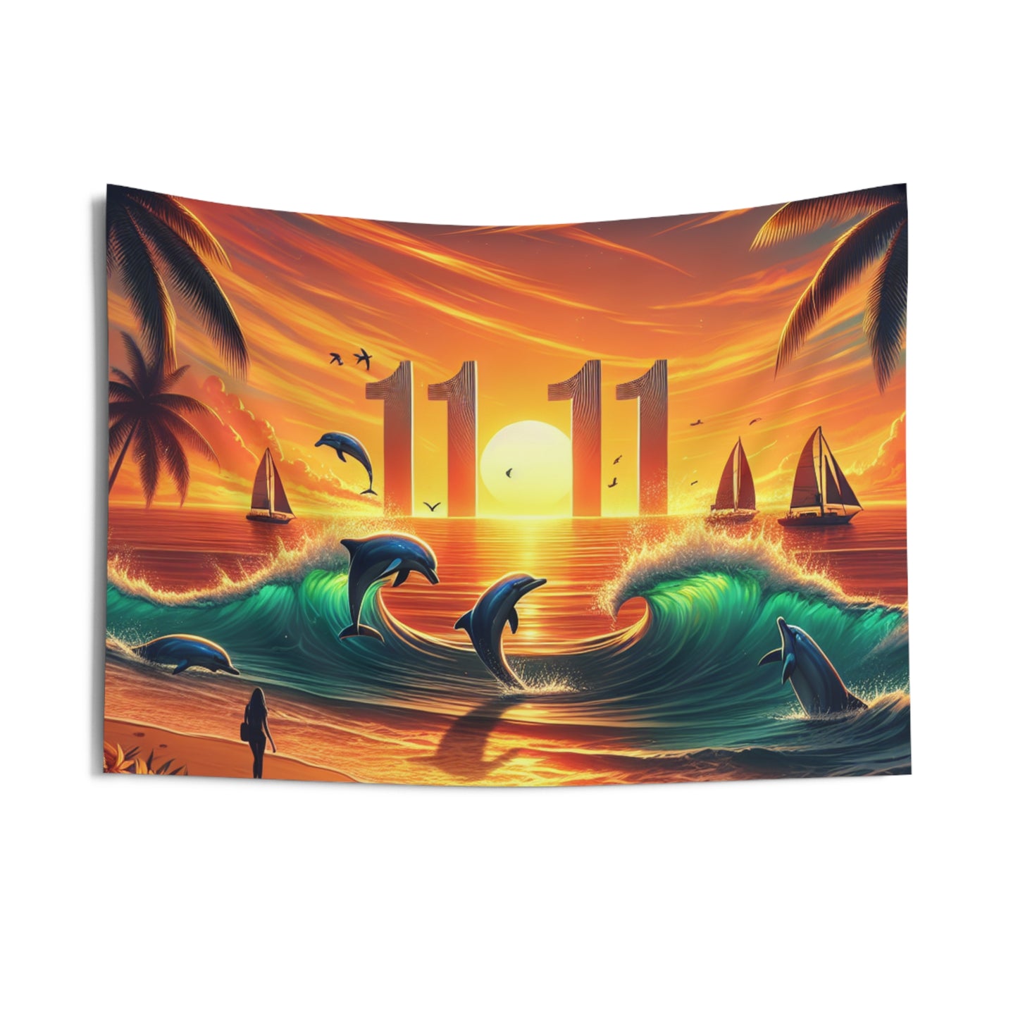 Tropical Beach Sunset Dolphins Sailboats Angel Number 1111 Indoor Wall Tapestries, Ocean Seaside Hanging Art, Positive Mindset Reminder