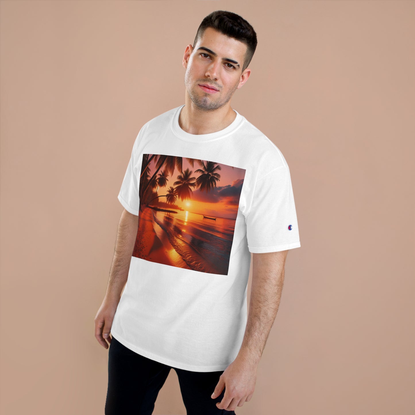 "Paradise Serenity: A Tropical Sunset Symphony" - Champion Tee Tropical Beach Sunset with Palm Trees