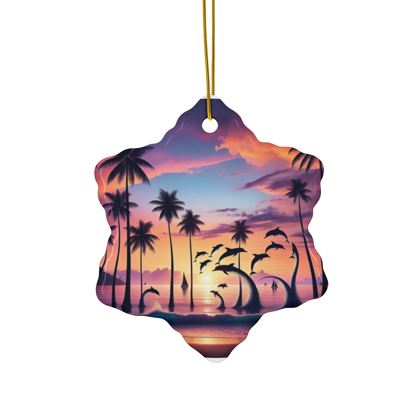 Ceramic Ornament Star, Heart, Snowflake or Circle 1111 "Paradise's Embrace: A Tropical Twilight Symphony" - Tropical Beach Sunset with Palm Trees, Dolphins, and Sailboats