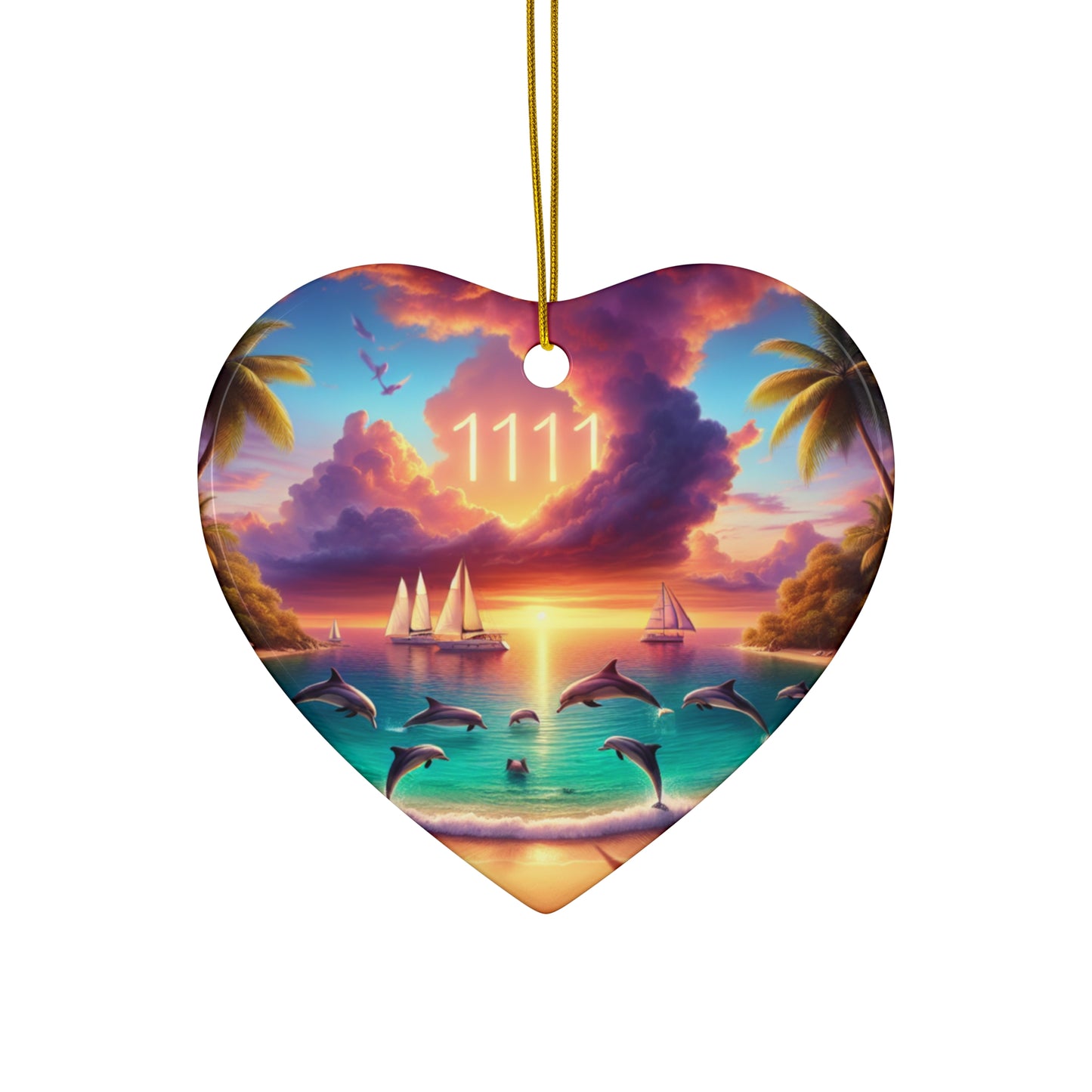 Ceramic Ornament Star, Heart, Snowflake or Circle 1111 "Serenade of the Tropics: An Ode to Sunset" - Tropical Beach Sunset with Palm Trees, Dolphins, and Sailboats