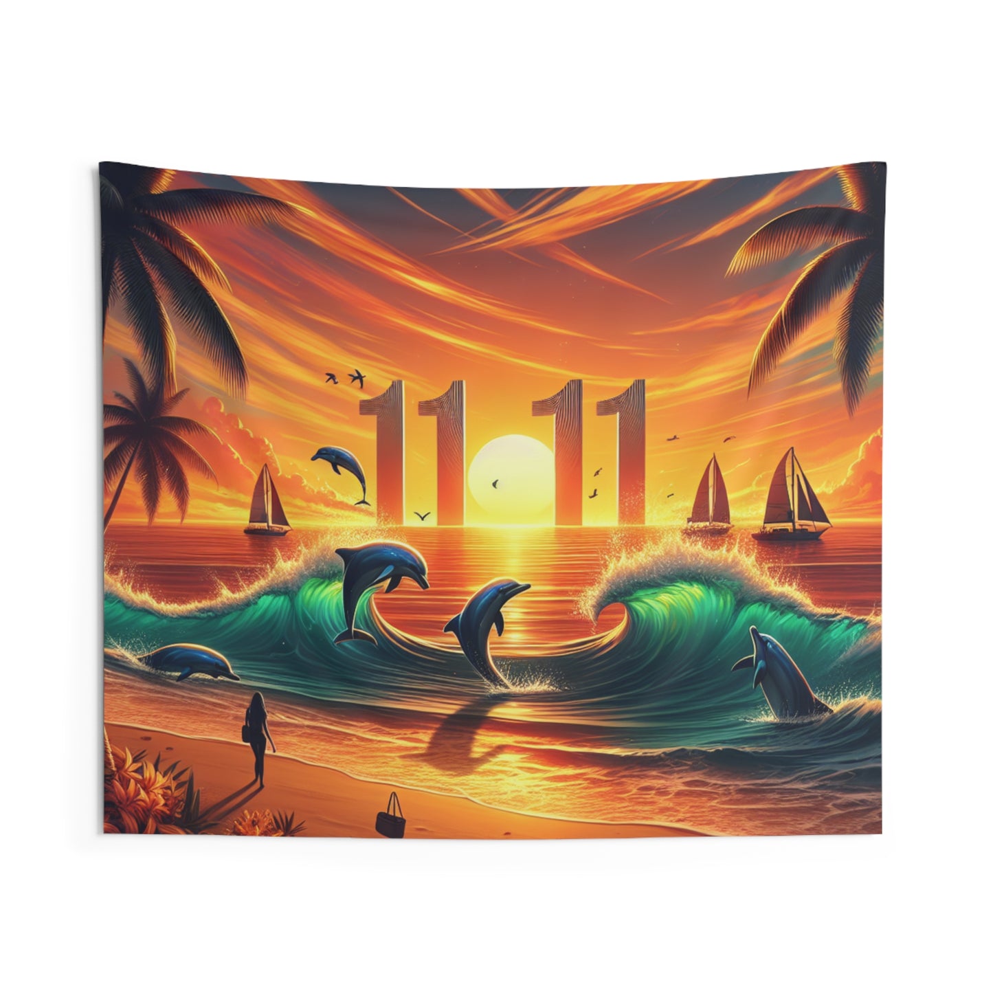 Tropical Beach Sunset Dolphins Sailboats Angel Number 1111 Indoor Wall Tapestries, Ocean Seaside Hanging Art, Positive Mindset Reminder