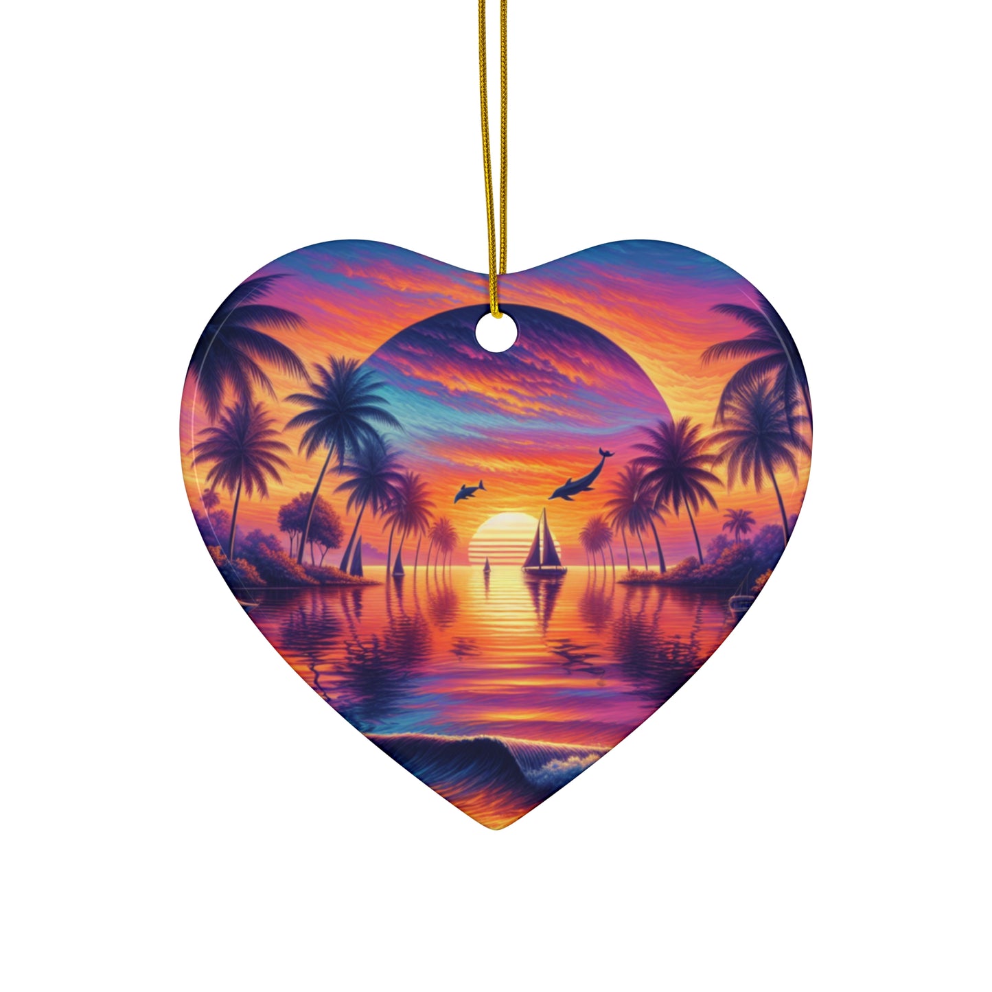 Ceramic Ornament Star, Heart, Snowflake or Circle 1111 "Paradise Twilight: An Ode to Tropical Serenity" - Tropical Beach Sunset with Palm Trees, Dolphins, and Sailboats