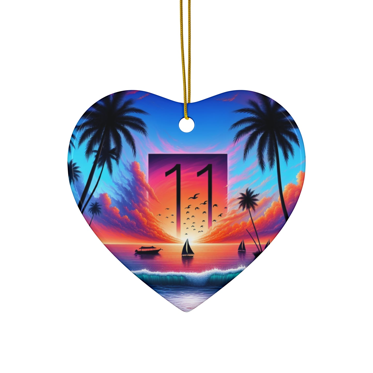 Ceramic Ornament Star, Heart, Snowflake or Circle 1111 "Serenity Sands: A Tropical Dusk Symphony" - Tropical Beach Sunset with Palm Trees, Dolphins, and Sailboats