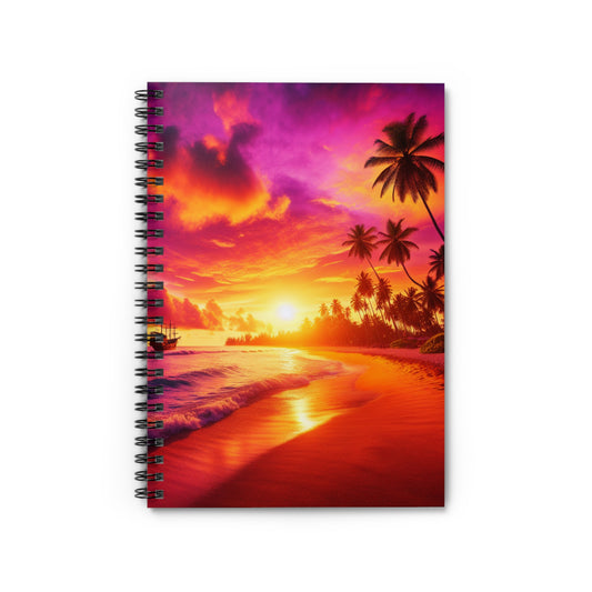 "Tropical Serenade at Sunset" - Spiral Notebook with Ruled Lines and Tropical Beach Sunset Palm Trees Art