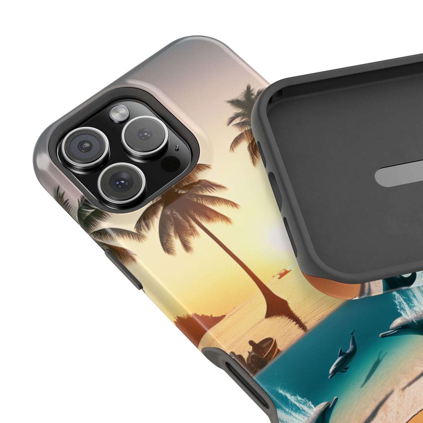 Magnetic Iphone 13-16 Pro and Max 1111 "Sunset Serenity: A Tropical Tapestry" - Tough Phone Case with Tropical Beach Sunset Dolphins ande Sailboats HD Art