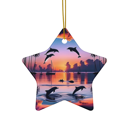 Ceramic Ornament Star, Heart, Snowflake or Circle 1111 "Paradise Radiance: A Tropical Beach Sunset Masterpiece" - Tropical Beach Sunset with Palm Trees, Dolphins, and Sailboats