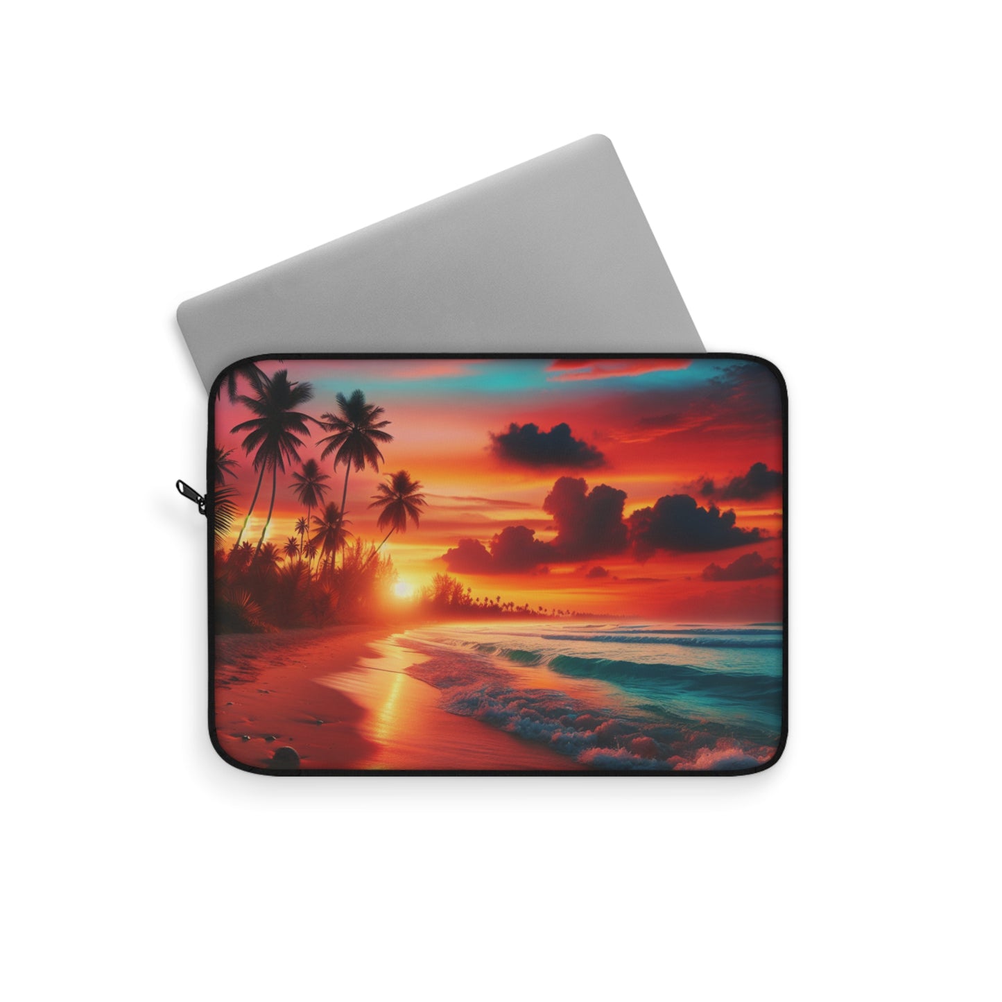 "Paradise Serenade: An Amber Sky Symphony" - Laptop Sleeve with Tropical Beach Sunset with Palm Trees Art