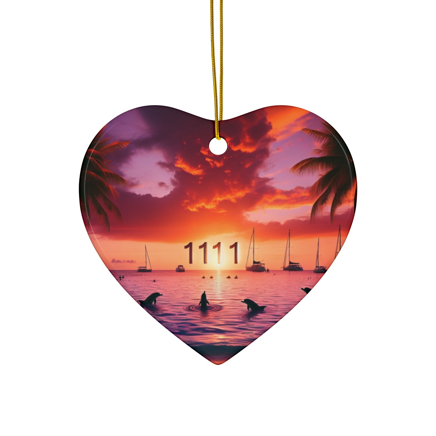 Ceramic Ornament Star, Heart, Snowflake or Circle 1111 "Tropical Serenity: A Sunset Paradise" - Tropical Beach Sunset with Palm Trees, Dolphins, and Sailboats