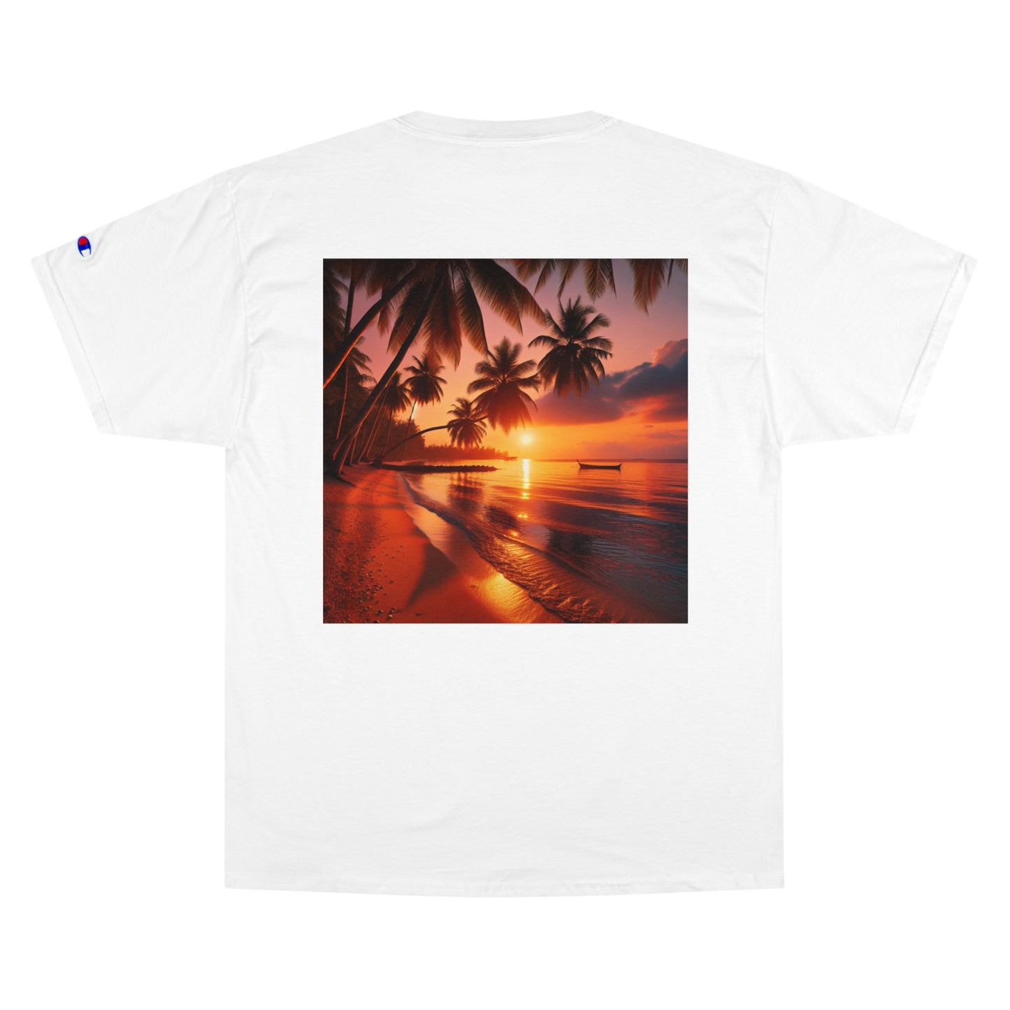 "Paradise Serenity: A Tropical Sunset Symphony" - Champion Tee Tropical Beach Sunset with Palm Trees