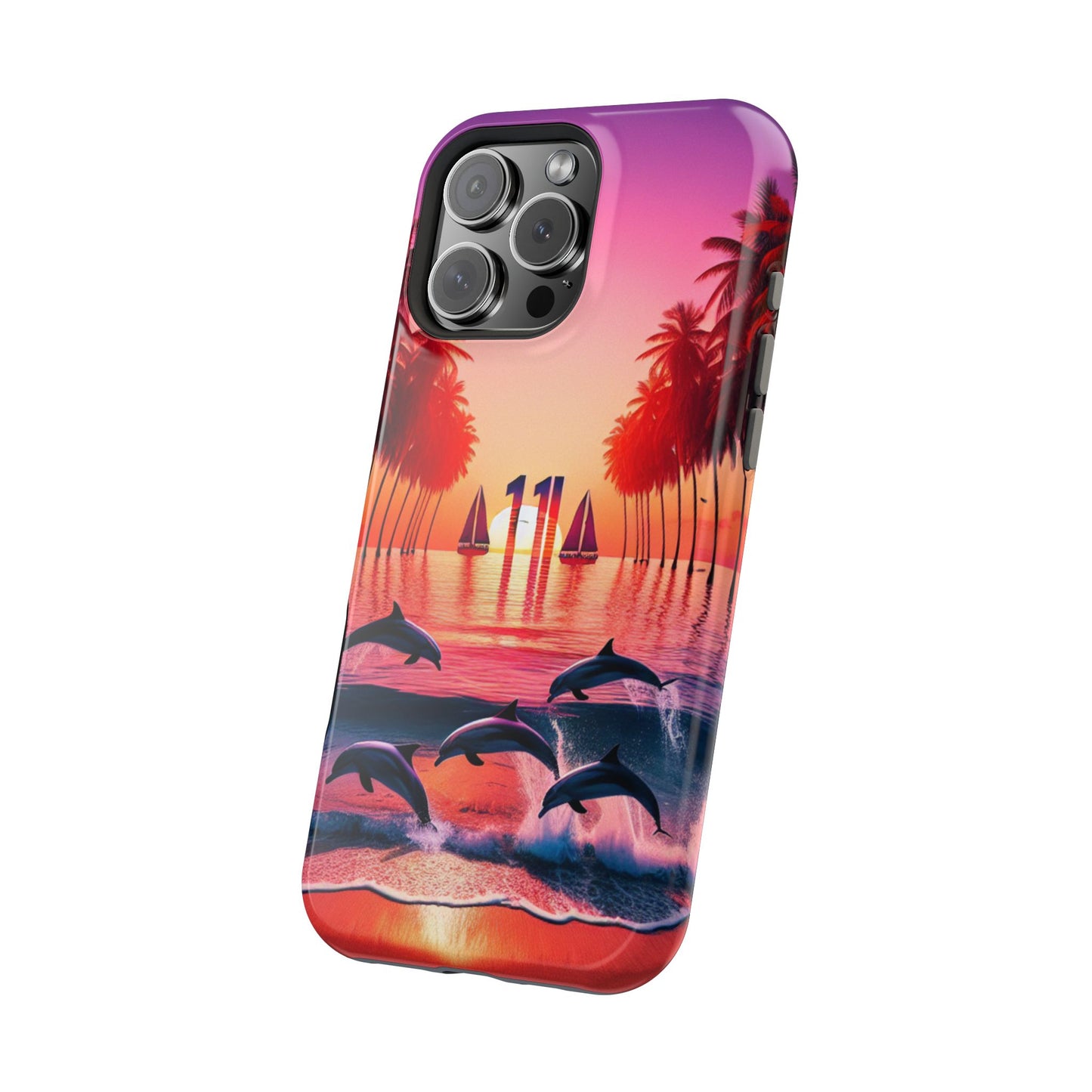 Magnetic Iphone 13-16 Pro and Max 1111 "Twilight Serenity: Tropical Beach Haven" - Tough Phone Case with Tropical Beach Sunset Dolphins ande Sailboats HD Art