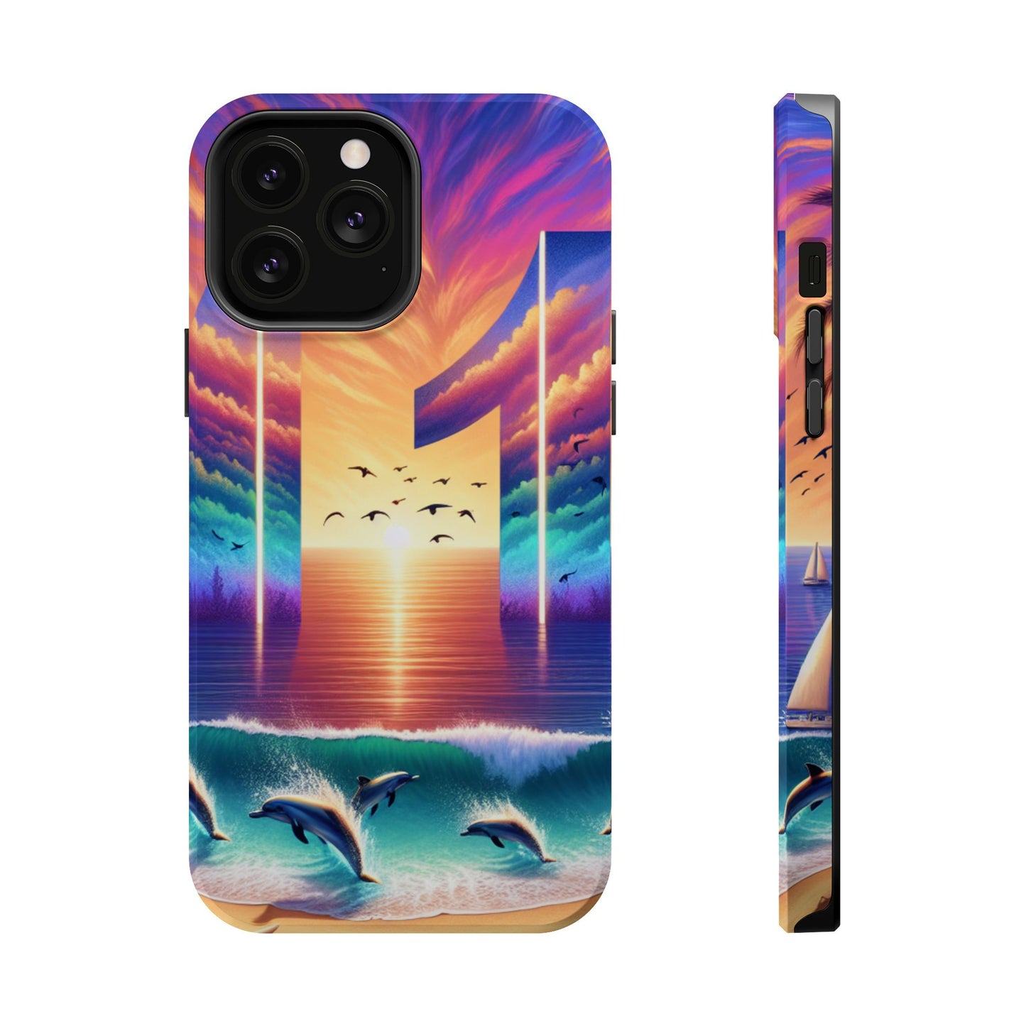 Magnetic Tough Phone case for phone 16 15 14 13 Pro Plus and Max  1111 "Island Serenity: Sunset Haven" - Tough Phone Case with Tropical Beach Sunset Dolphins ande Sailboats HD Art