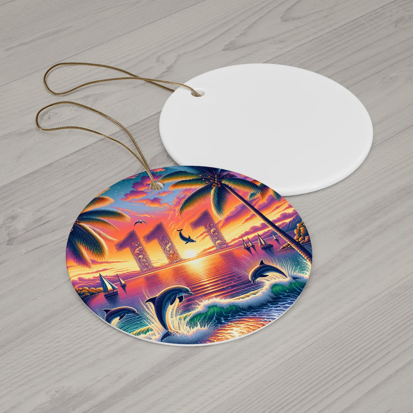 Ceramic Ornament: Tropical Beach Scene Dolphins Sailboats 1111 Angel Numbers, Christmas Tree Decor, Holiday Gift, Home Decor, Beach Lover