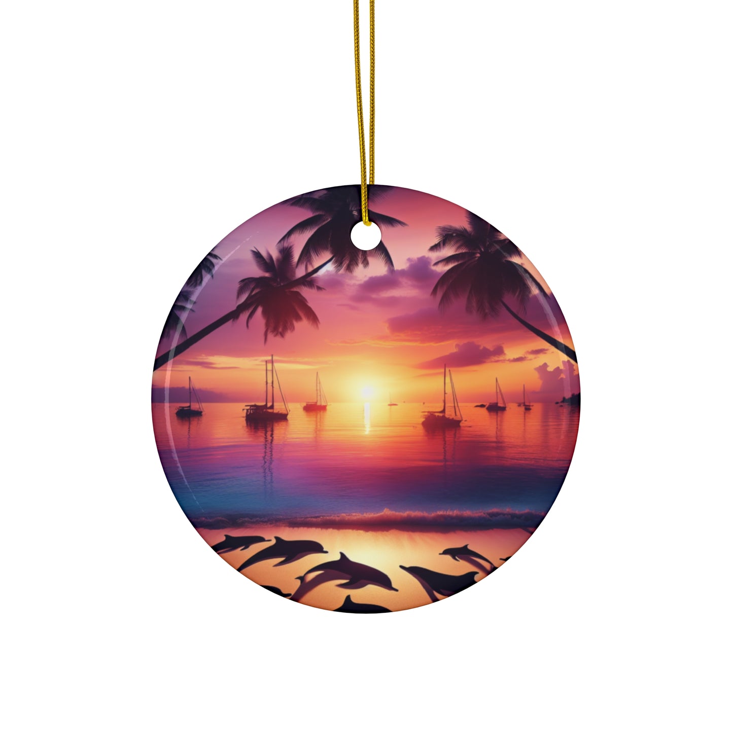 Ceramic Ornament Star, Heart, Snowflake or Circle 1111 "Tropical Twilight Serenade" - Tropical Beach Sunset with Palm Trees, Dolphins, and Sailboats