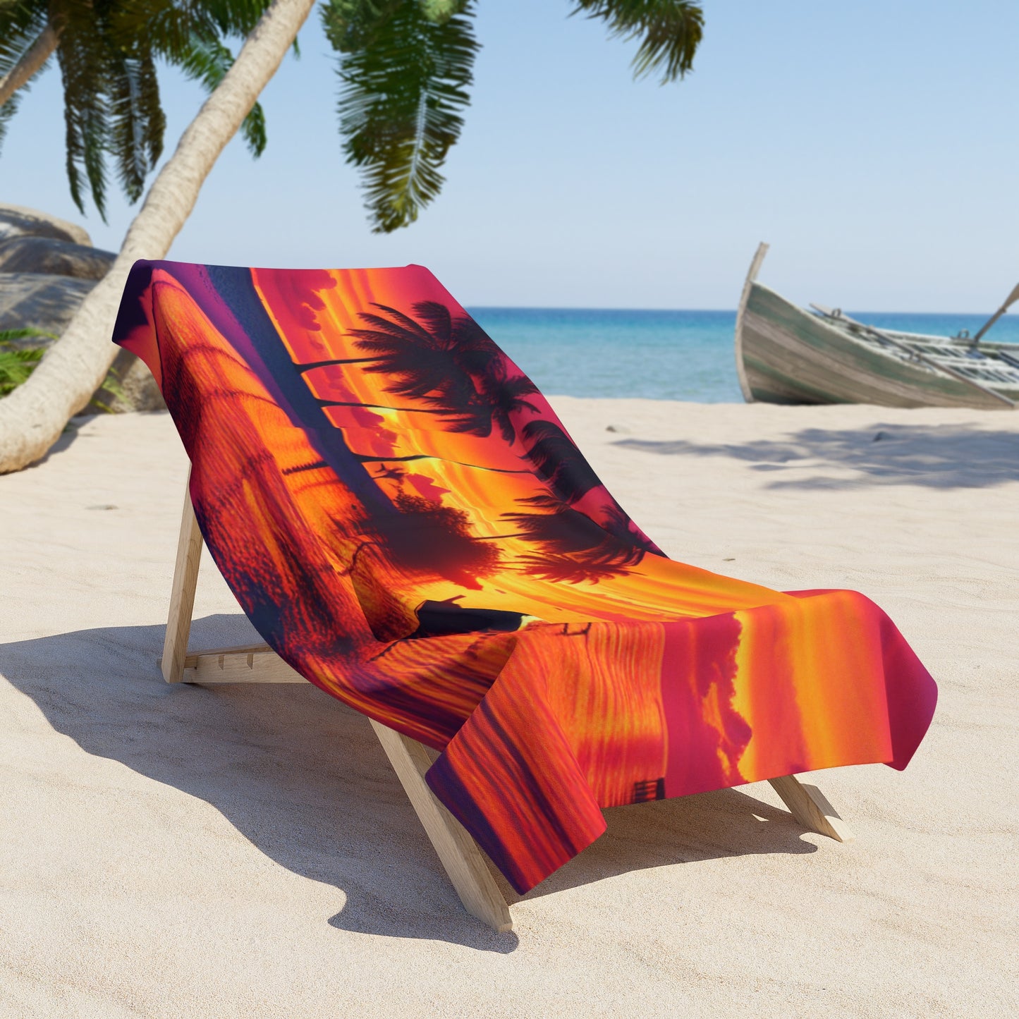 "Paradise Twilight: An Ode to Serene Horizons" - Tropical Beach Sunset with Palm Trees Beach Towel