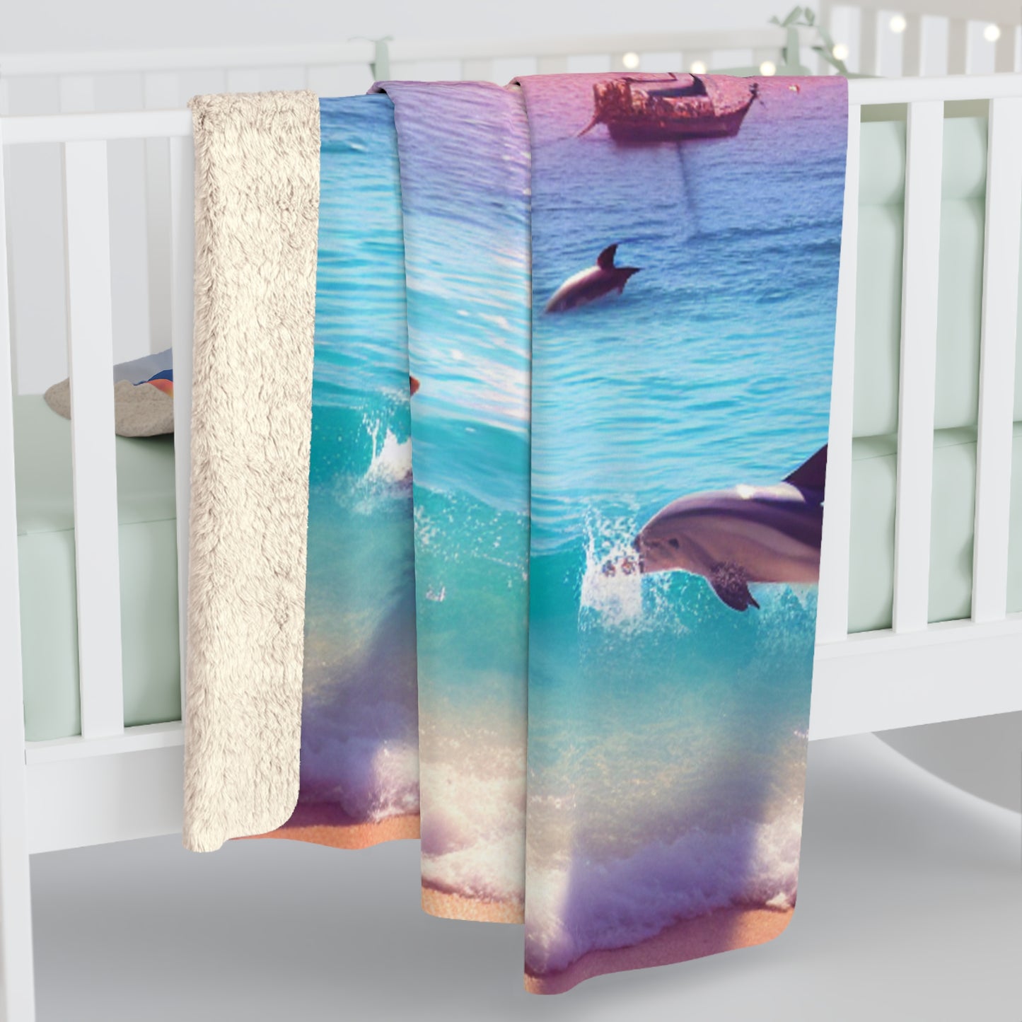 Sherpa Blanket with Tropical Beach and Angel Number 1111, Dolphins Sailboats, Positive Mindset Reminder, Visualization Goals Affirmation,