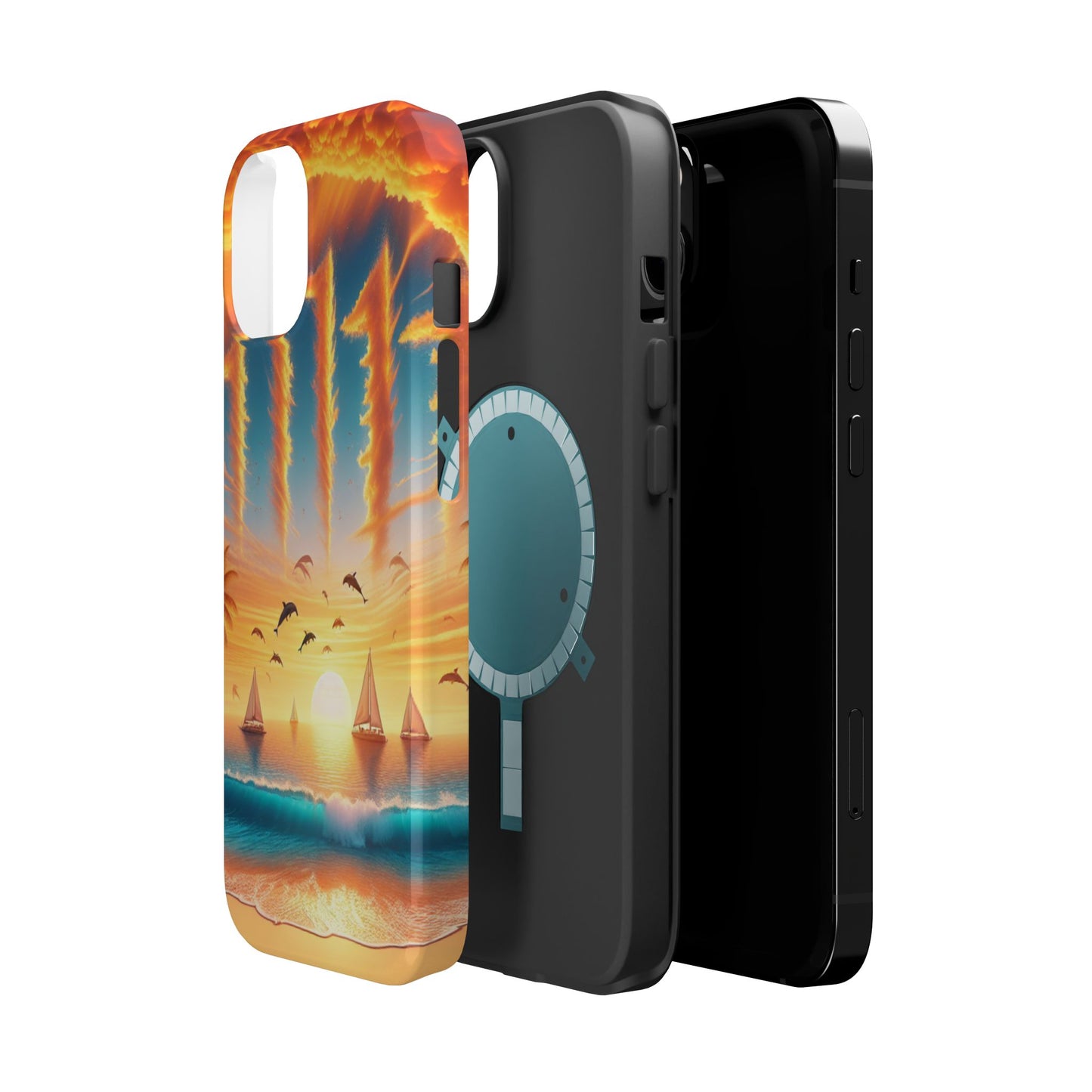 Magnetic Tough Phone case for phone 16 15 14 13 Pro Plus and Max  1111 "Paradise Serenade: Tropical Twilight Symphony" - Tough Phone Case with Tropical Beach Sunset Dolphins ande Sailboats HD Art