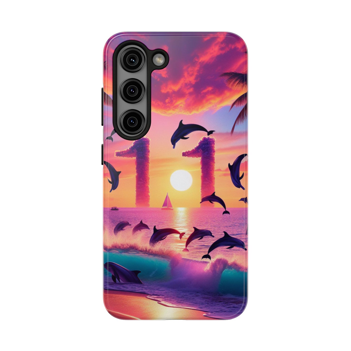 Samsung Galaxy S24 S23 S22 S21 Tough Phone Case "Serenade of the Sun: Tropical Beach Twilight" - 1111 Tropical Beach Palm Trees, Dolphins, and Sailboats Art