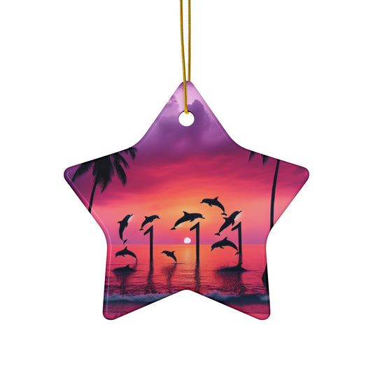 Ceramic Ornament Star, Heart, Snowflake or Circle 1111 "Serenity Bliss: A Tropical Sunset Symphony" - Tropical Beach Sunset with Palm Trees and Dolphins