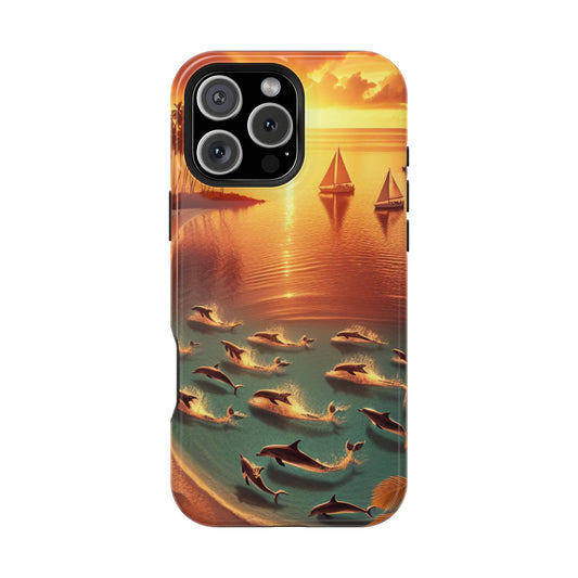 Magnetic Iphone 13-16 Pro and Max 1111 "Golden Sands: Tropical Dusk Serenade" - Tough Phone Case with Tropical Beach Sunset Dolphins ande Sailboats HD Art