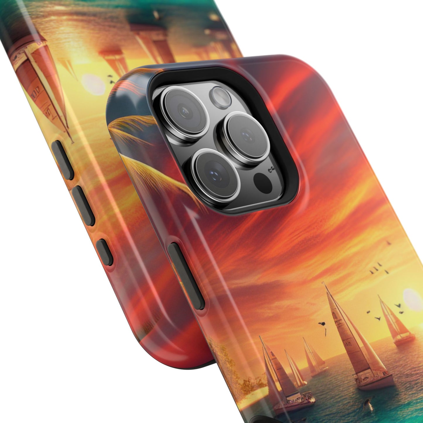 Magnetic Iphone 16 15 14 14 Pro and Max 1111 "Paradise Twilight: An Ode to Tropical Serenity" - Tough Phone Case with Tropical Beach Sunset Dolphins ande Sailboats HD Art