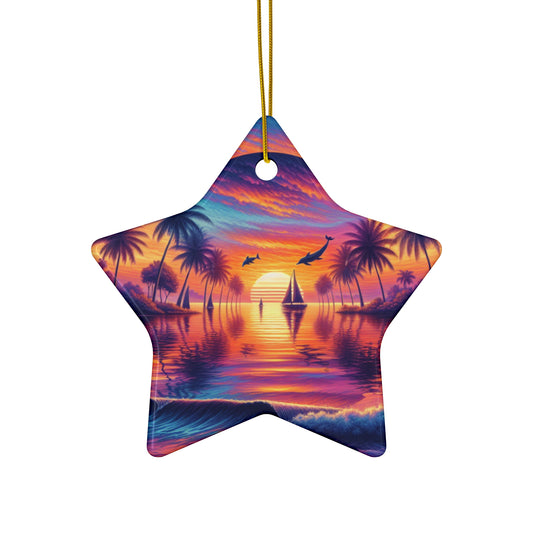 Ceramic Ornament Star, Heart, Snowflake or Circle 1111 "Paradise Twilight: An Ode to Tropical Serenity" - Tropical Beach Sunset with Palm Trees, Dolphins, and Sailboats