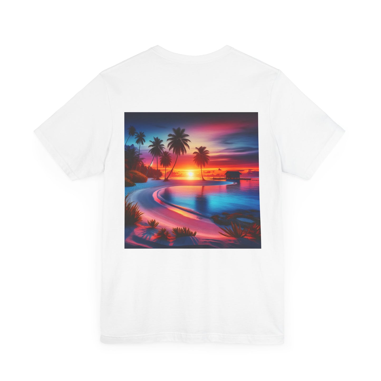 "Paradise Dusk: Tropical Serenity" - Tropical Beach Sunset with Palm Trees Unisex Jersey T-Shirt
